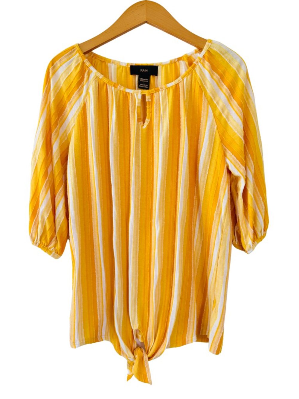 Rain Yellow White Stripe Tie Front Blouse Puff Sleeve Lightweight Top Size Large - Picture 3 of 8